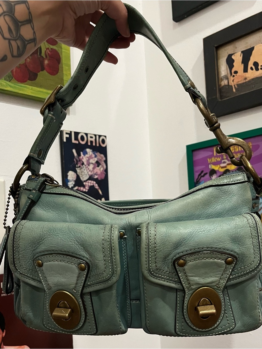 Coach Pond Blue Leather Double Turnlock Legacy Shoulder Bag
